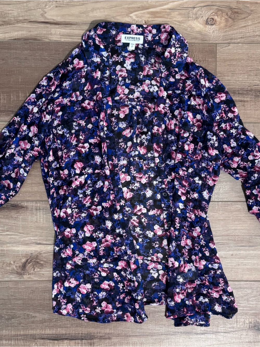 Express Navy Floral Button-Up Blouse with Pink & Purple Flowers - Picture 1 of 4